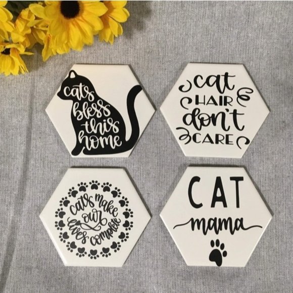 Hand Crafted | Humorous Cat Coasters [4 pack] - Picture 1 of 6